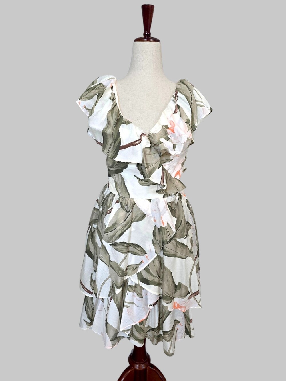 Express Tropical Leaf Print V-neck Ruffle Mini Dress Smocked XS